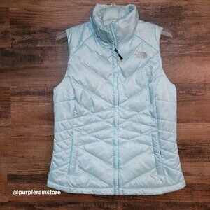 The North Face Quilted Puffer Vest Size M 550 Down Zip Pockets Satin Light Blue